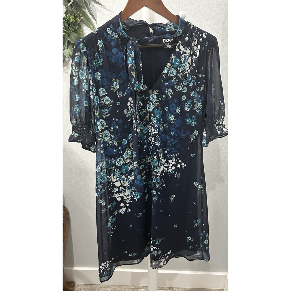 DKNY Dress Blue Sheer Floral Dress Tie Neck Peasant Modest Cottage Mature Size 6